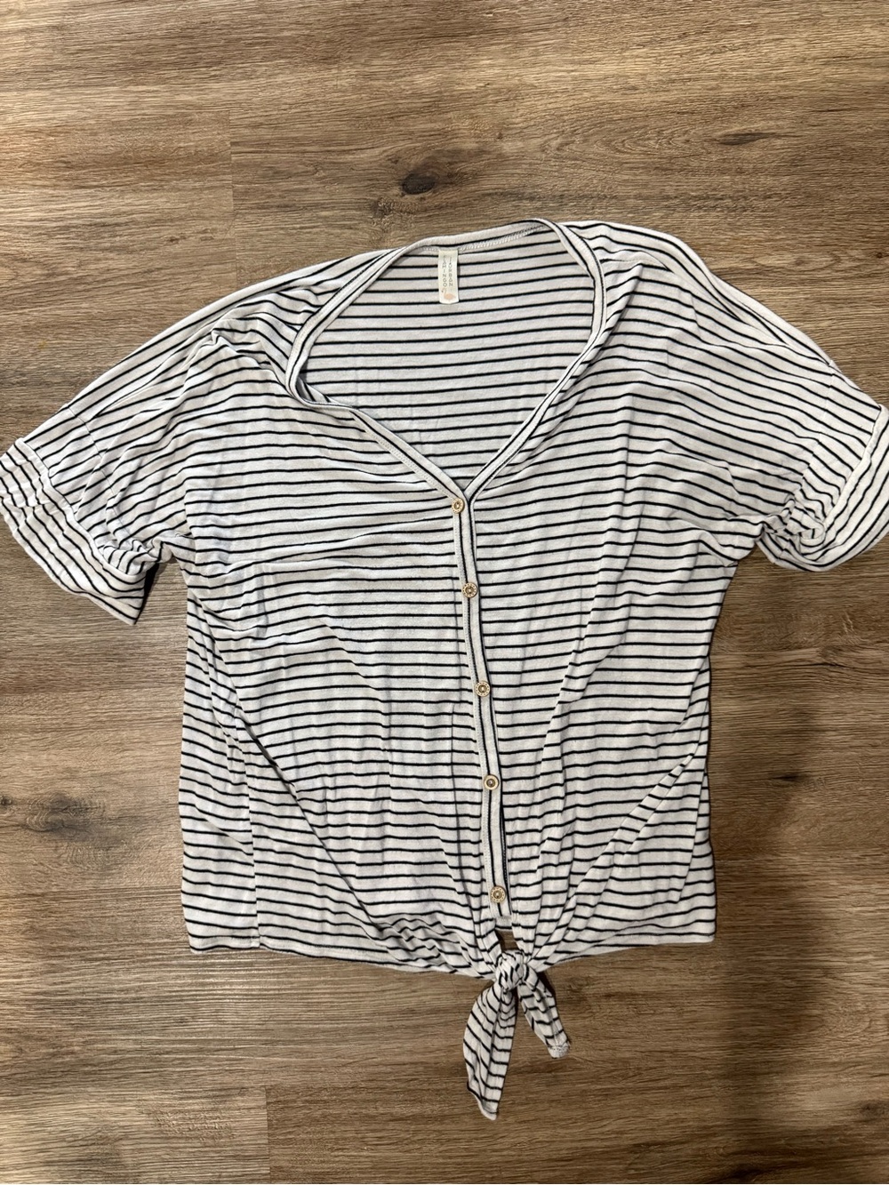 Flamingo Urban White and Black Striped Button-Front Tie Hem Top